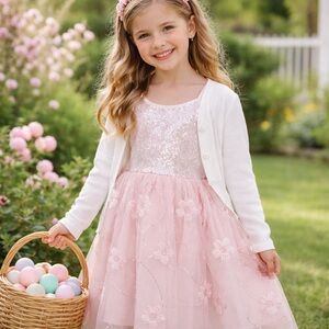 Zhenzi Pink Sequin Floral Kids Formal Dress
